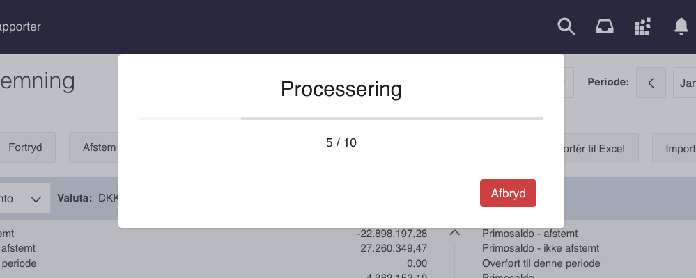 Viser processering af et Bank Workflow i bankafstemningen – bruges til at vise status på den automatiske behandling af bankposteringer.