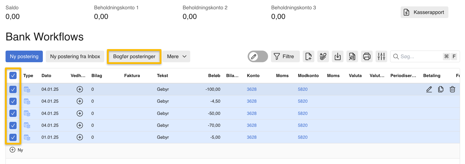 Viser massemarkering af posteringer i Bank Workflows – bruges til at bogføre flere transaktioner samlet.