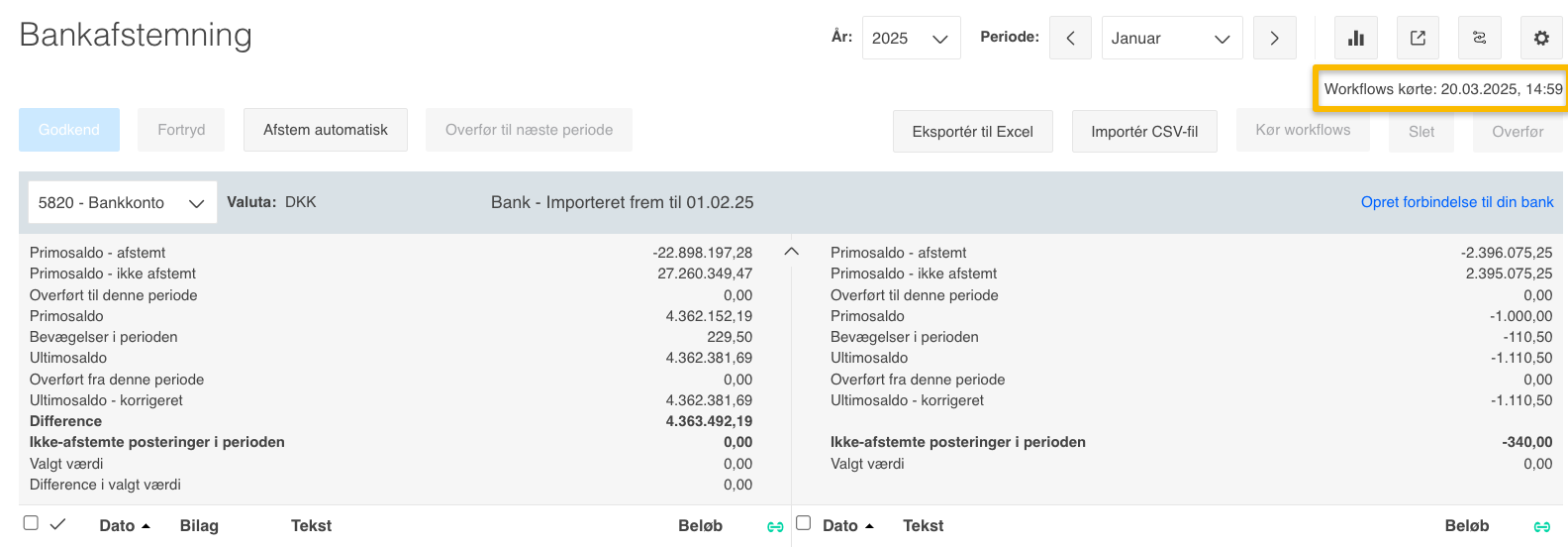 Viser tidspunkt for seneste kørsel af bank workflows i Bankafstemning – bruges til at verificere, hvornår de automatiske processer sidst er kørt.