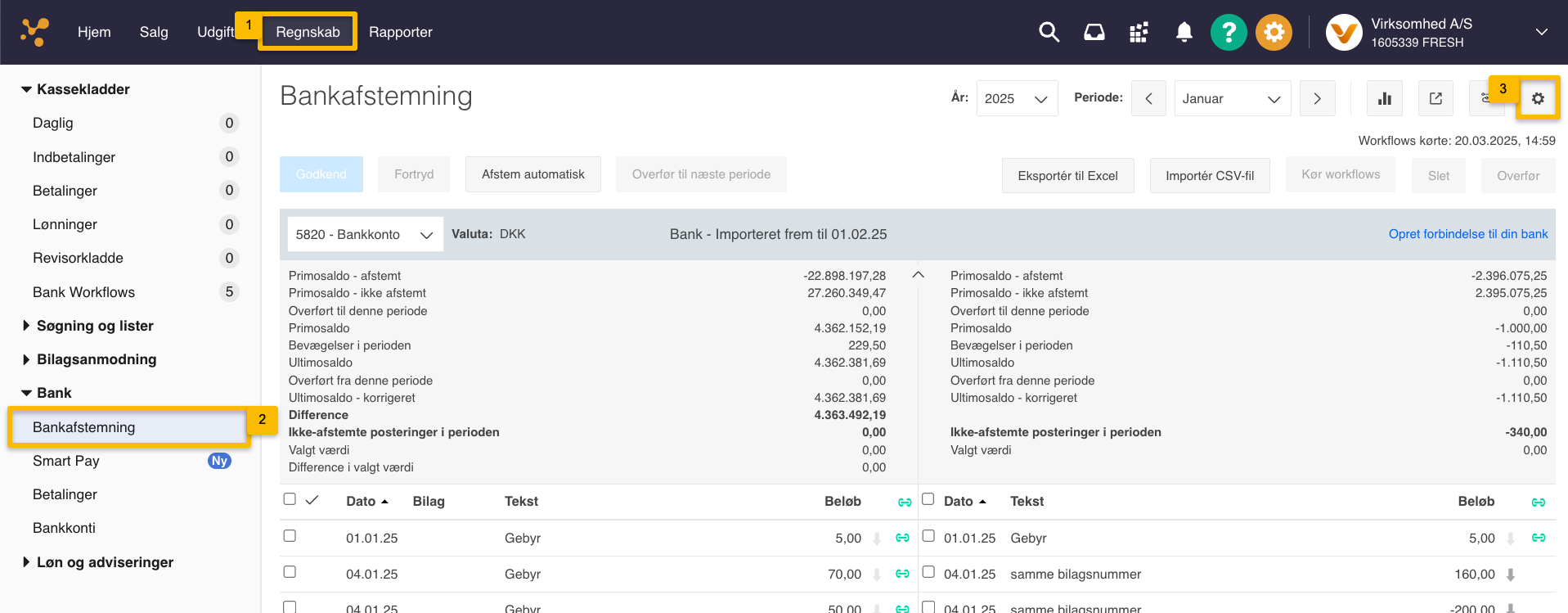 Viser Indstillinger-ikonet i Bankafstemning – bruges til at åbne og opsætte indstillinger for bank workflows.