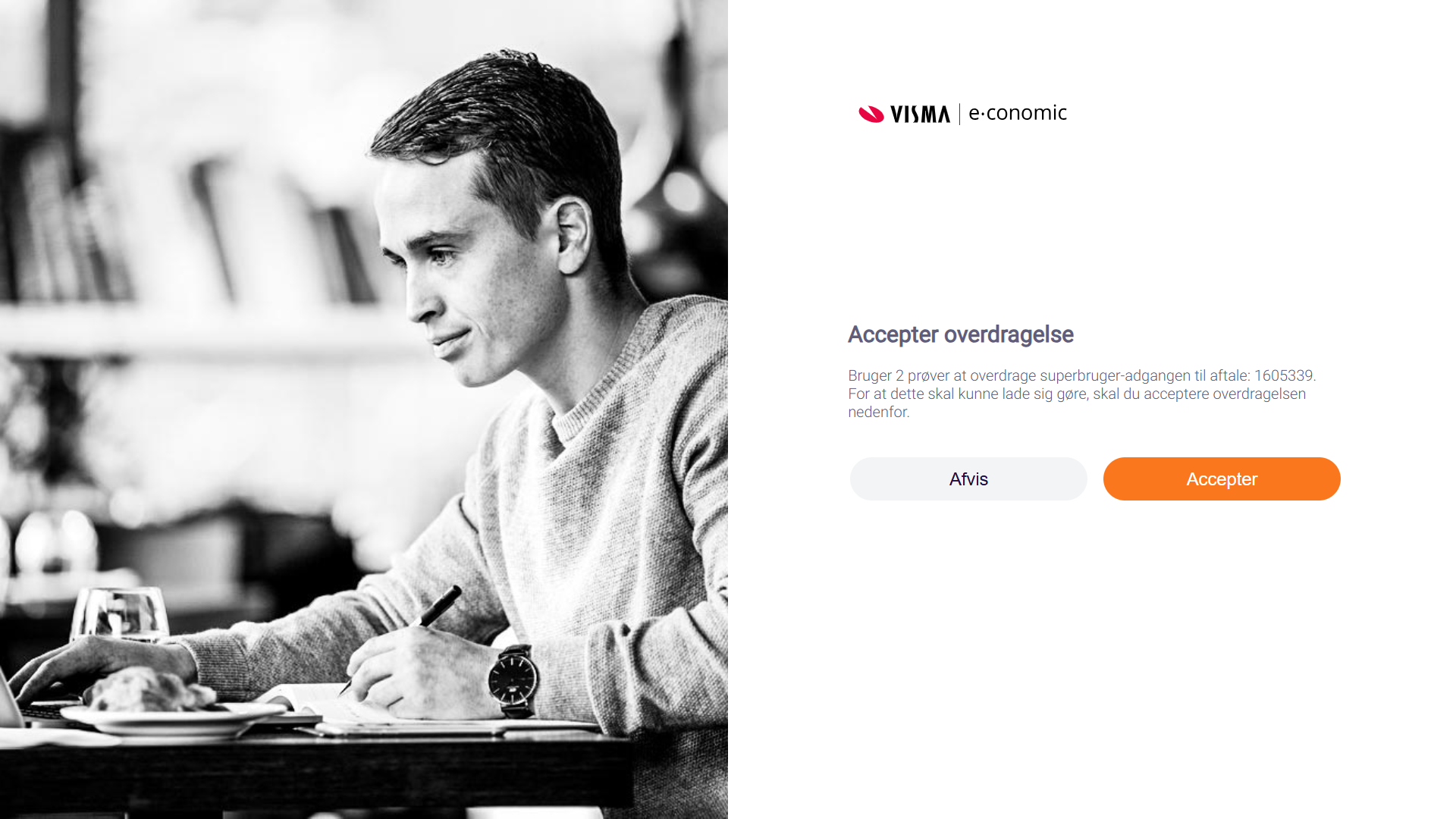 Viser bekræftelsesdialogen for overdragelse af superbruger i e-conomic – bruges til at acceptere eller afvise rollen som ny superbruger.