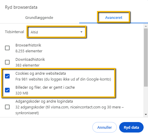 Viser indstillingerne for at slette cookies i dialogboksen 'Ryd browserdata' i Google Chrome – bruges til at fjerne alle gemte cookies og websitedata.