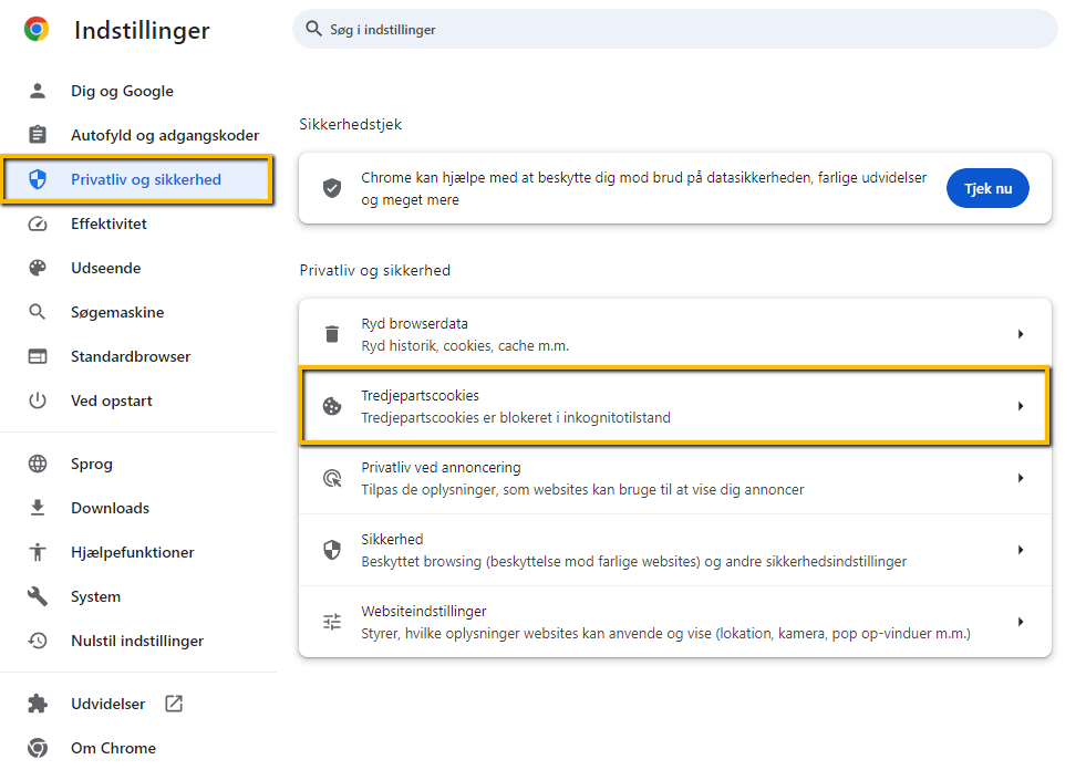 Viser menupunktet 'Tredjepartscookies' i Google Chromes indstillinger for 'Privatliv og sikkerhed' – bruges til at gå til indstillingerne for individuelle cookies.