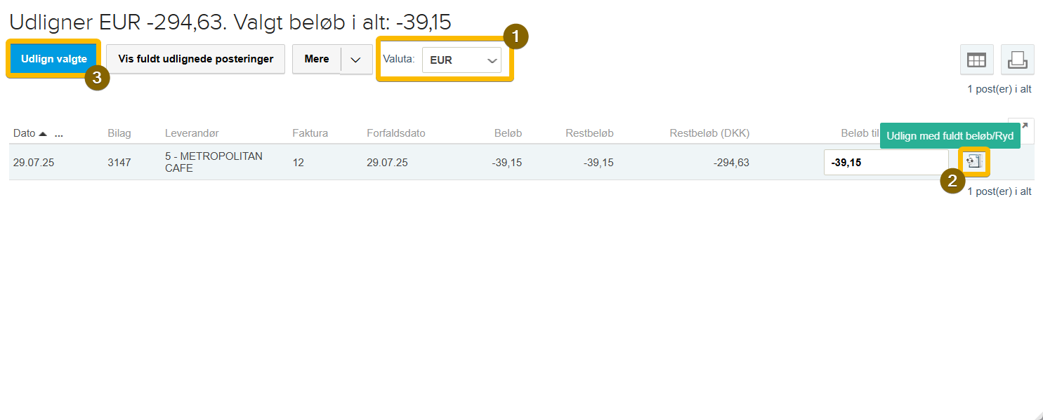 Viser udligning af en faktura i fremmed valuta i kassekladden – bruges til at matche en betaling med en åben leverandørfaktura.