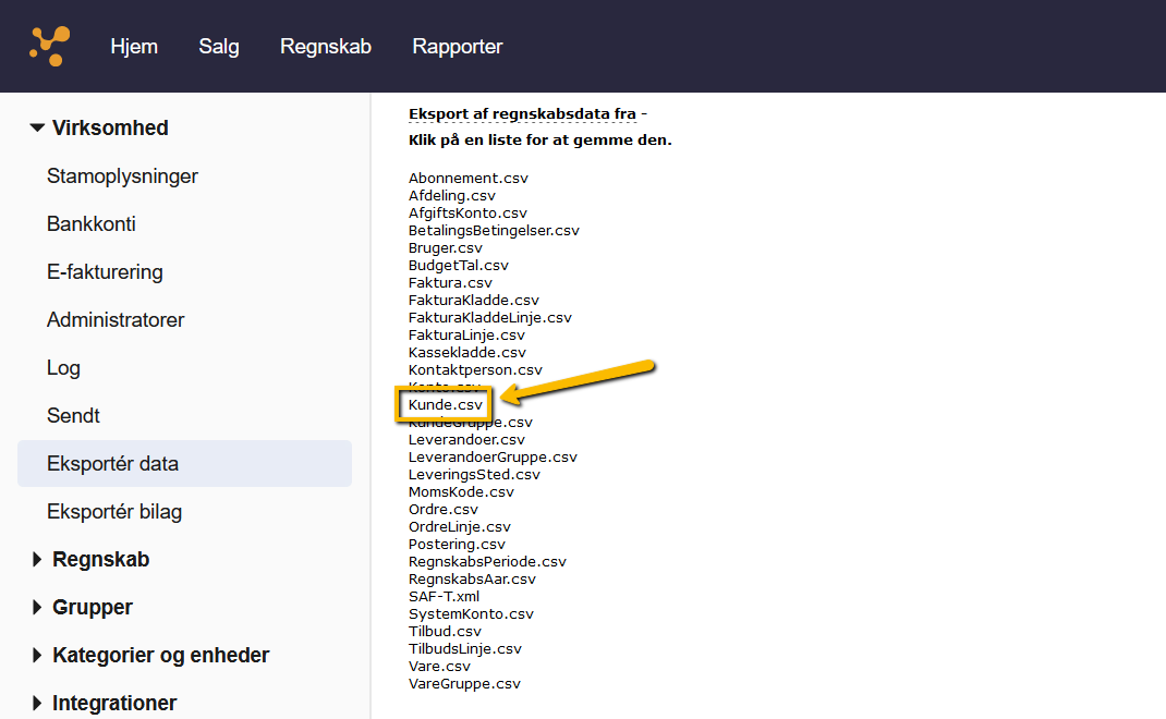 Viser Kunde.csv-filen i dataeksport-siden – bruges til at downloade en liste over alle kunder.