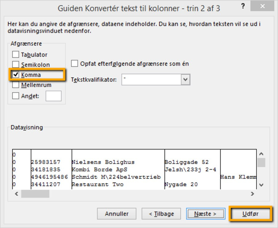 Viser valg af 'Komma' som afgrænser i guiden 'Konverter tekst til kolonner' – bruges til at opdele data i en CSV-fil til separate kolonner.