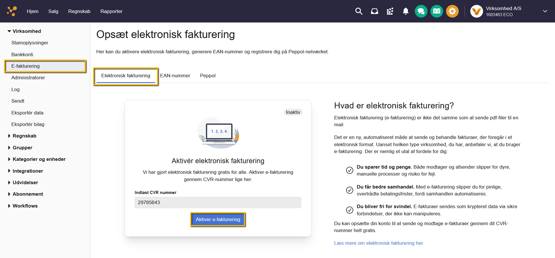 Viser knappen 'Aktiver e-fakturering' i indstillingerne for E-fakturering – bruges til at aktivere elektronisk fakturering for virksomheden.