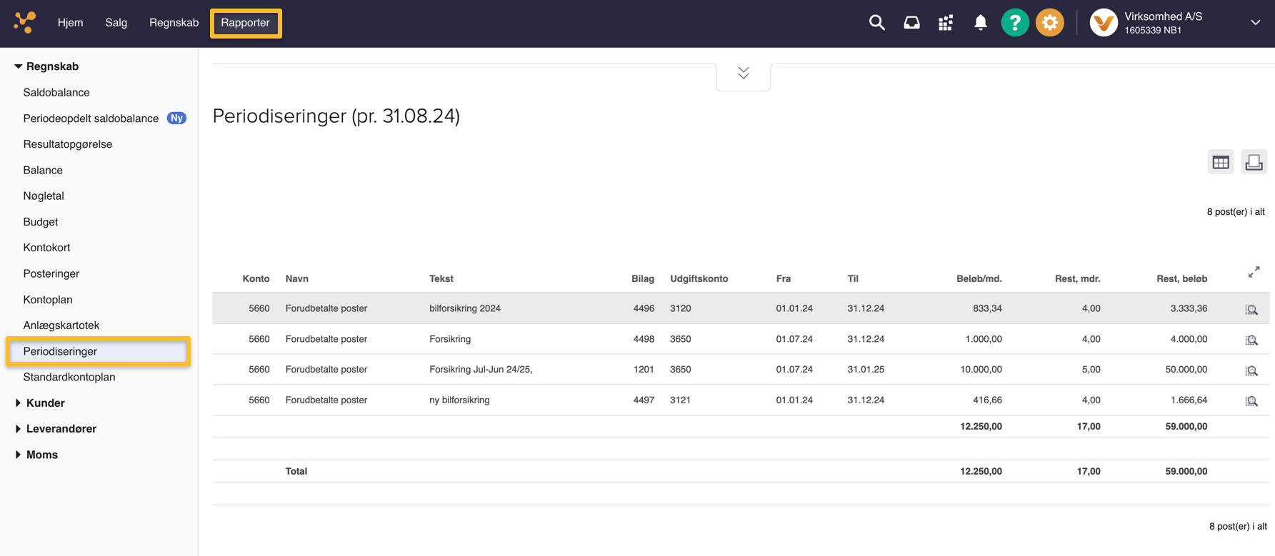 Viser periodiseringsrapporten i Rapporter – bruges til at få et overblik over periodiserede poster.