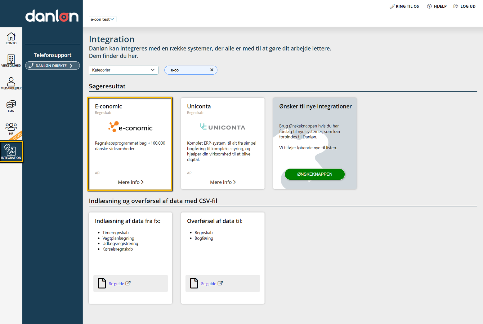 Viser e-conomic i søgeresultatet på integrationssiden i Danløn – bruges til at vælge integrationen og starte forbindelsen.