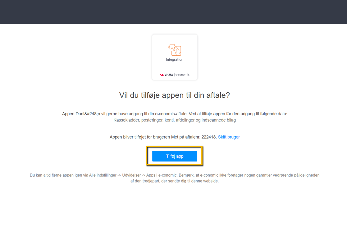 Viser bekræftelsesvinduet for tilføjelse af app i e-conomic – bruges til at oprette forbindelsen til Danløn.