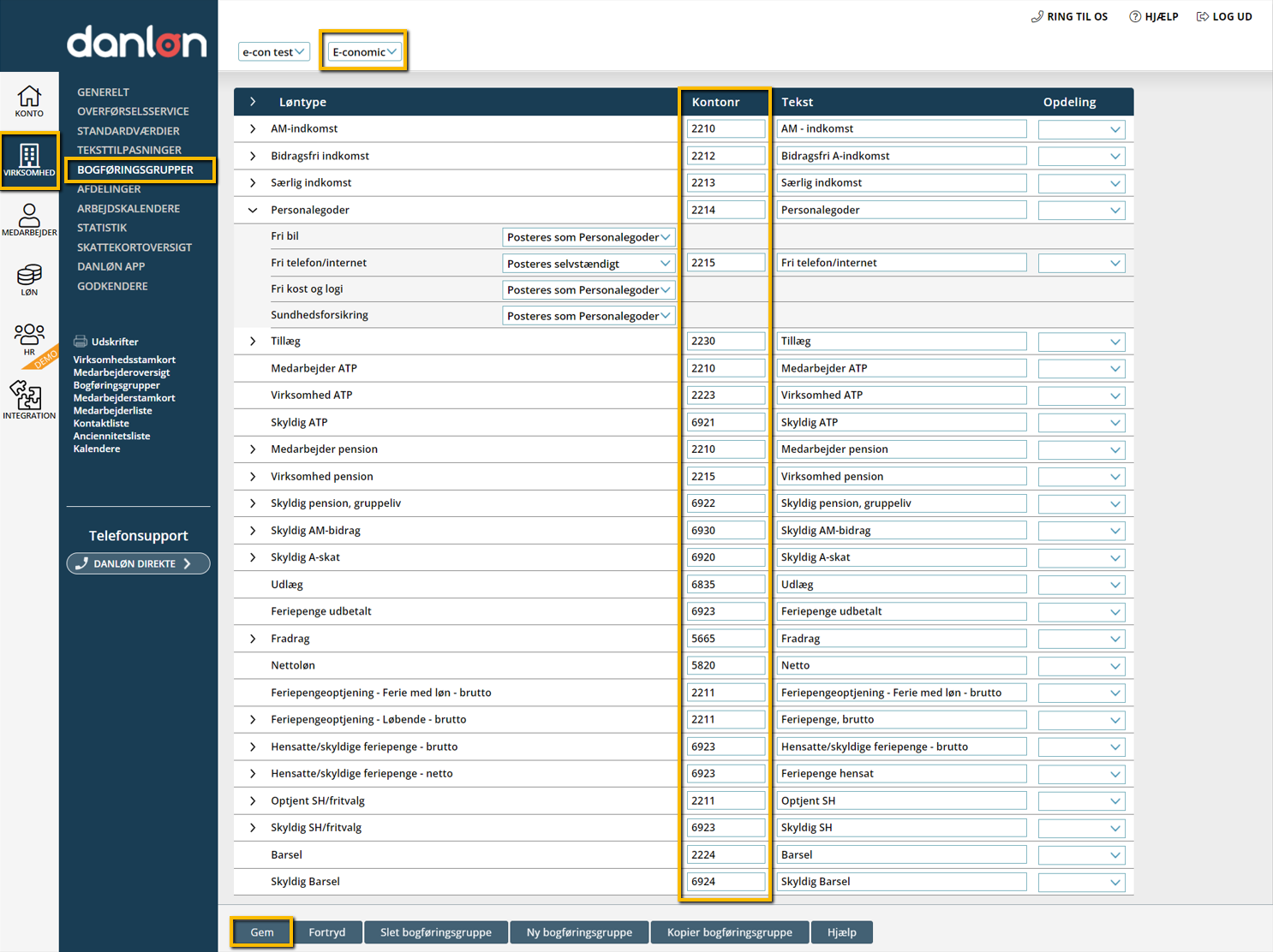 Viser opsætning af en bogføringsgruppe i Danløn – bruges til at mappe løntyper til de korrekte konti for overførsel til e-conomic.