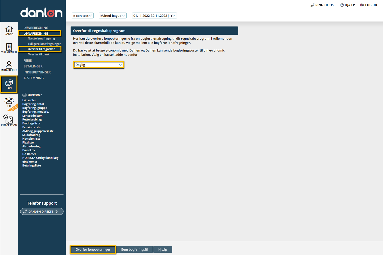 Viser funktionen 'Overfør til regnskab' i Danløns lønmodul – bruges til at vælge en kassekladde og overføre lønposteringer til e-conomic.