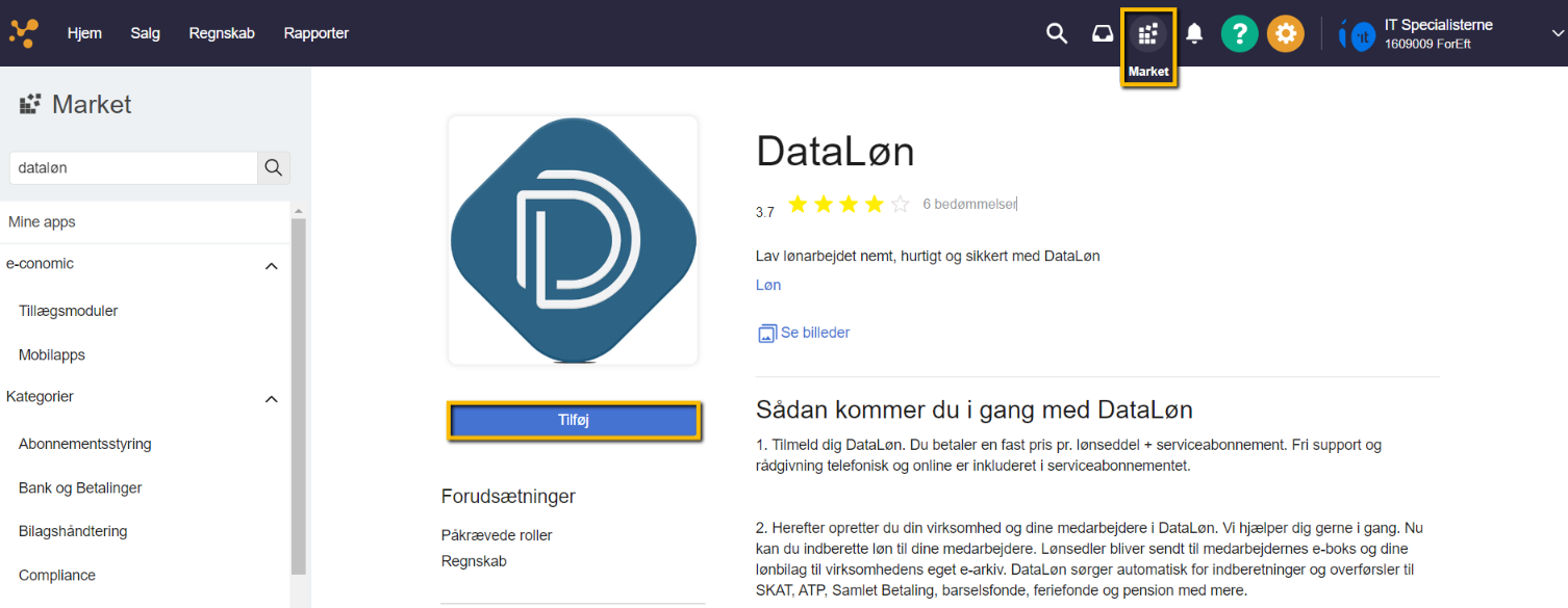 Viser knappen 'Tilføj' for DataLøn-appen i Market – bruges til at tilføje integrationen.