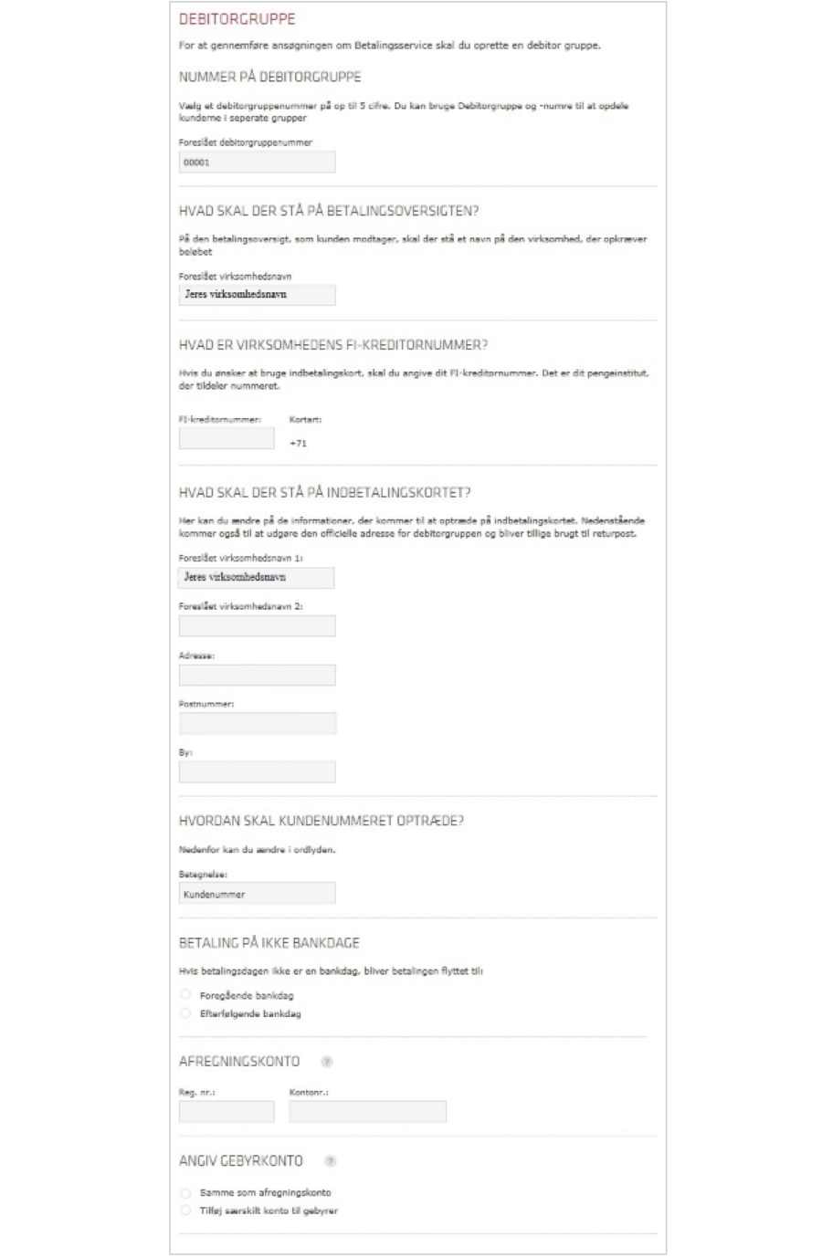 Viser indtastningsfelterne for virksomhedsoplysninger i opsætningen af Betalingsservice – bruges til at angive information, der skal fremgå på betalingsoversigter og indbetalingskort.