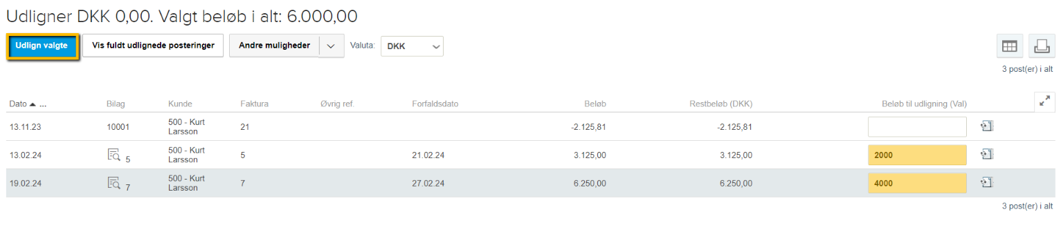 Viser indtastning af delbetalinger i udligningsoversigten – bruges til at registrere en kundes delvise betaling på flere fakturaer.