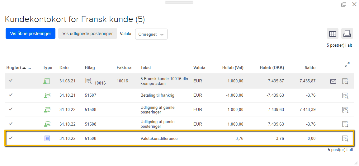 Viser en postering for valutakursdifference i kundekontokortet – bruges til at udligne den endelige saldo til nul.