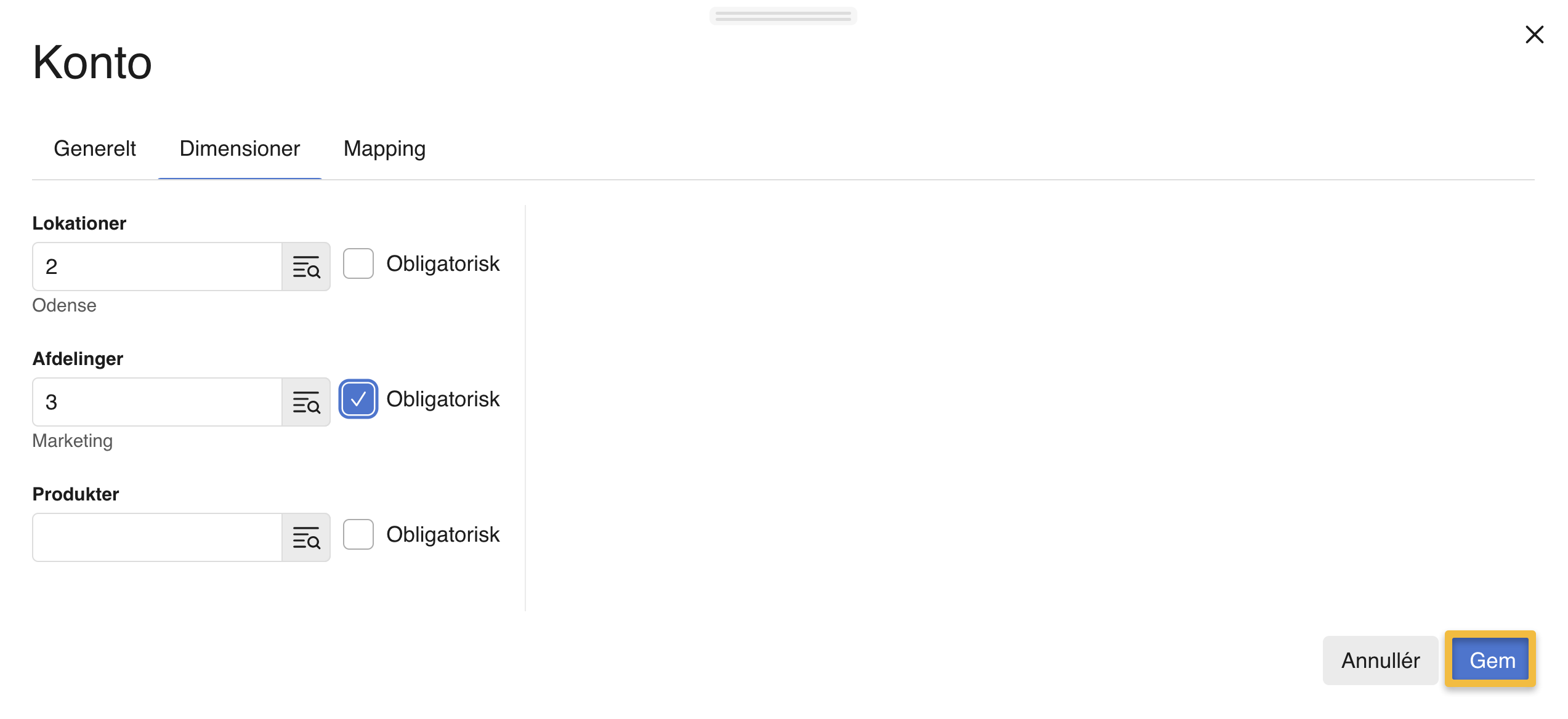 Viser fanen 'Dimensioner' på en konto i Kontoplanen – bruges til at tilføje faste dimensionsværdier og gøre en dimension obligatorisk.