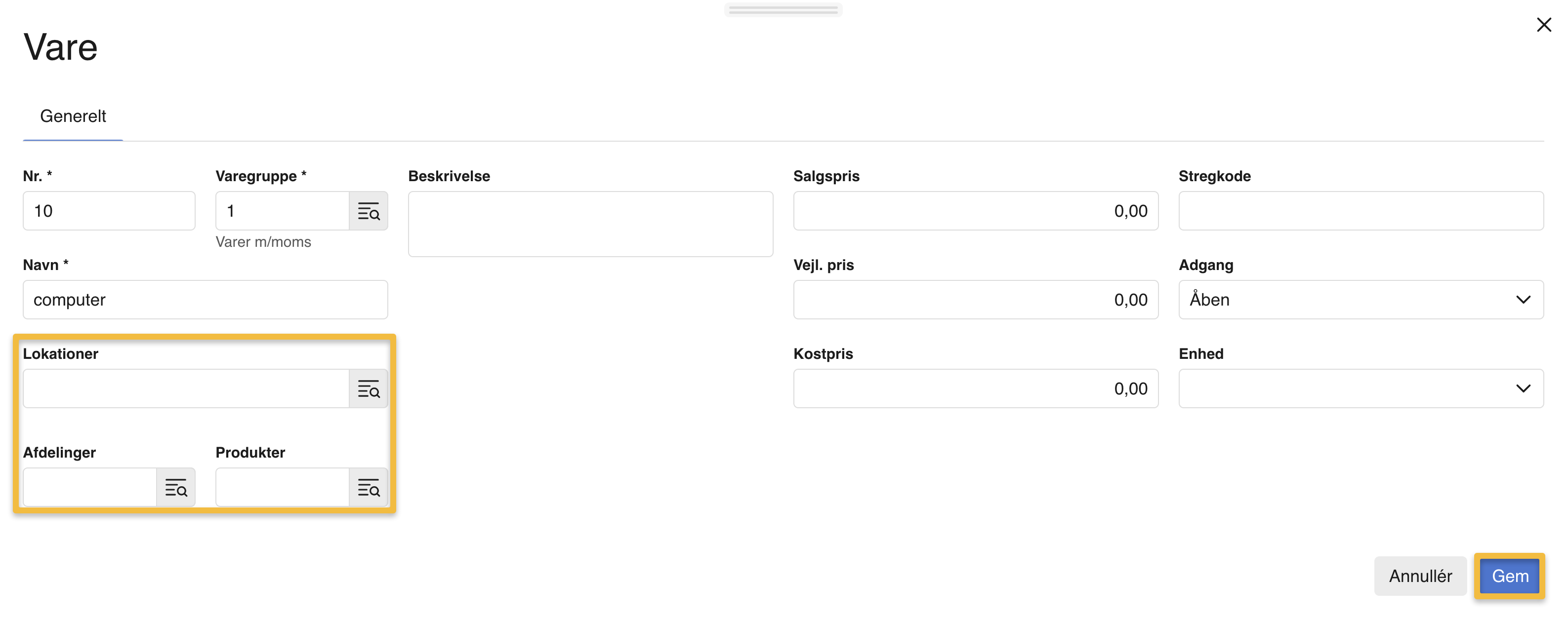 Viser dimensionsfelterne på varekortet – bruges til at tilføje standarddimensioner til en vare.