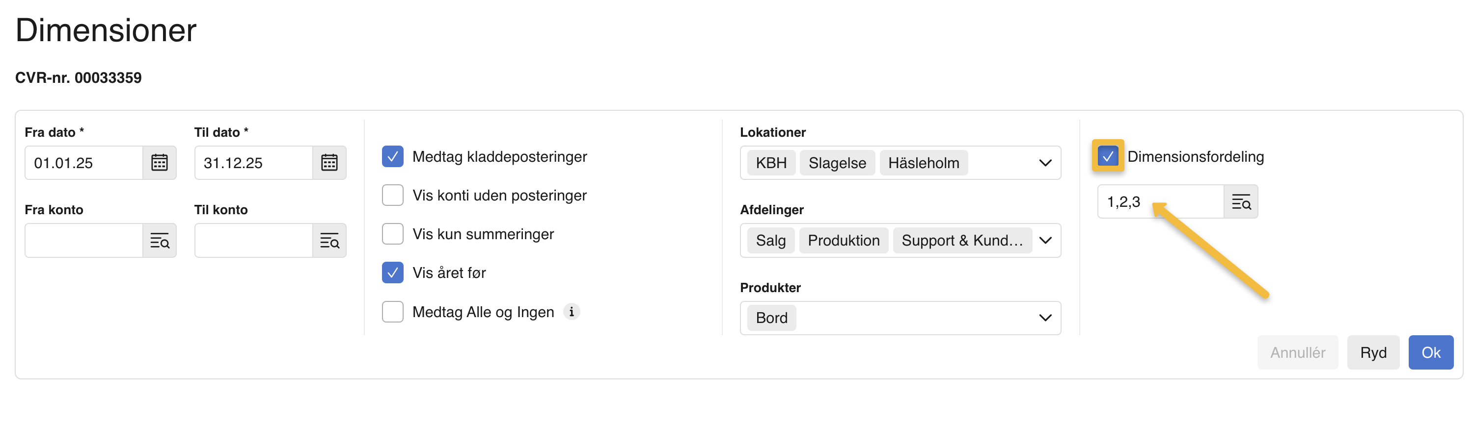 Viser feltet 'Dimensionsfordeling' i rapportopsætningen for Dimensioner – bruges til at fordele poster med en fordelingsnøgle.
