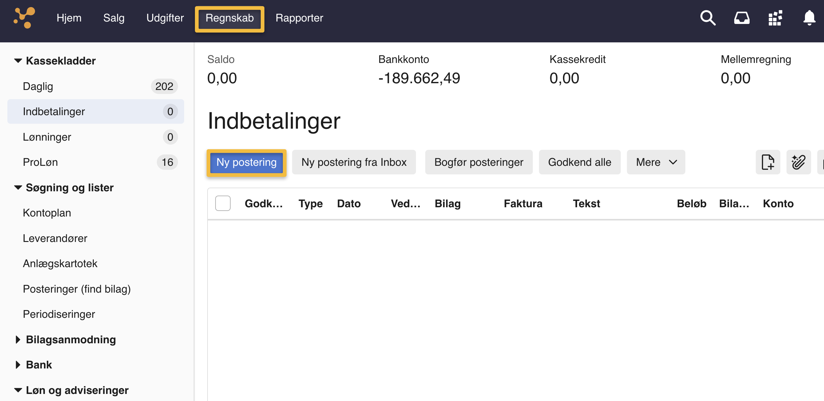 Viser knappen "Ny postering" i en kassekladde – bruges til at oprette en ny postering.