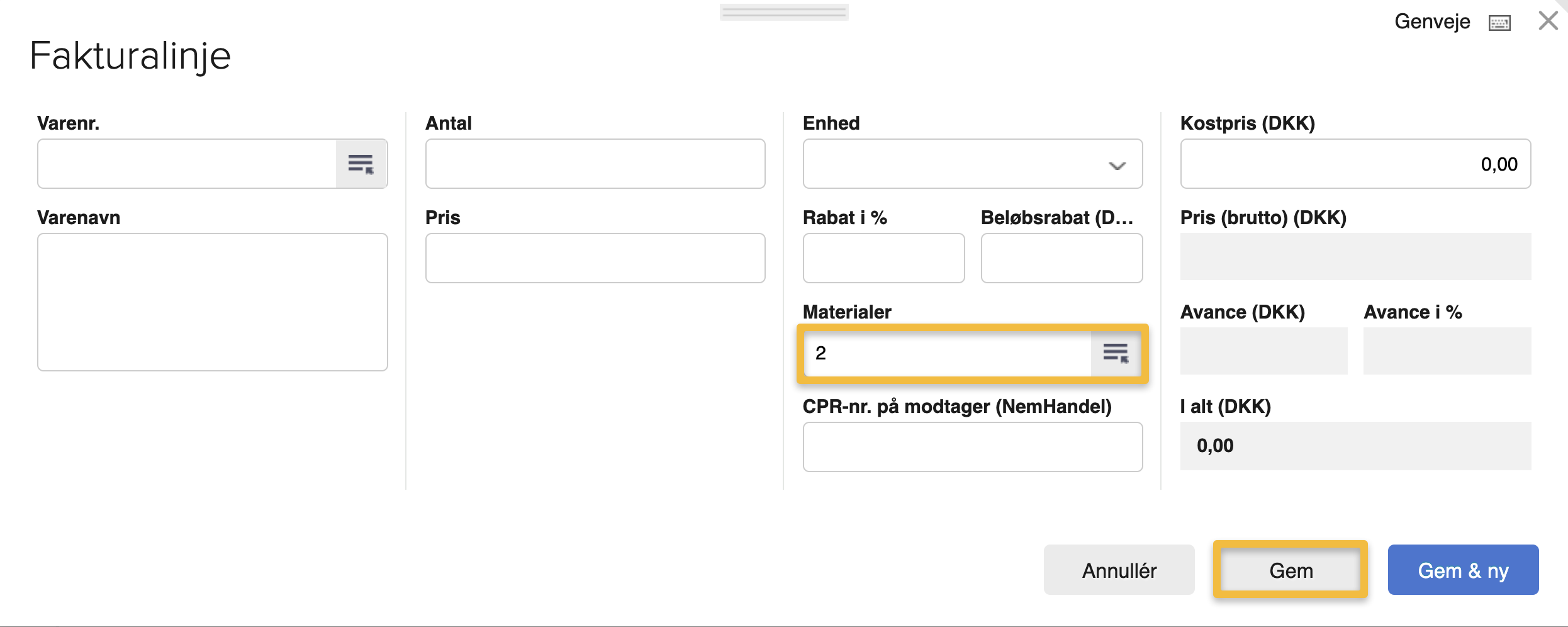 Viser feltet til en dimension på en fakturalinje – bruges til at tilføje en dimensionsværdi til linjen.