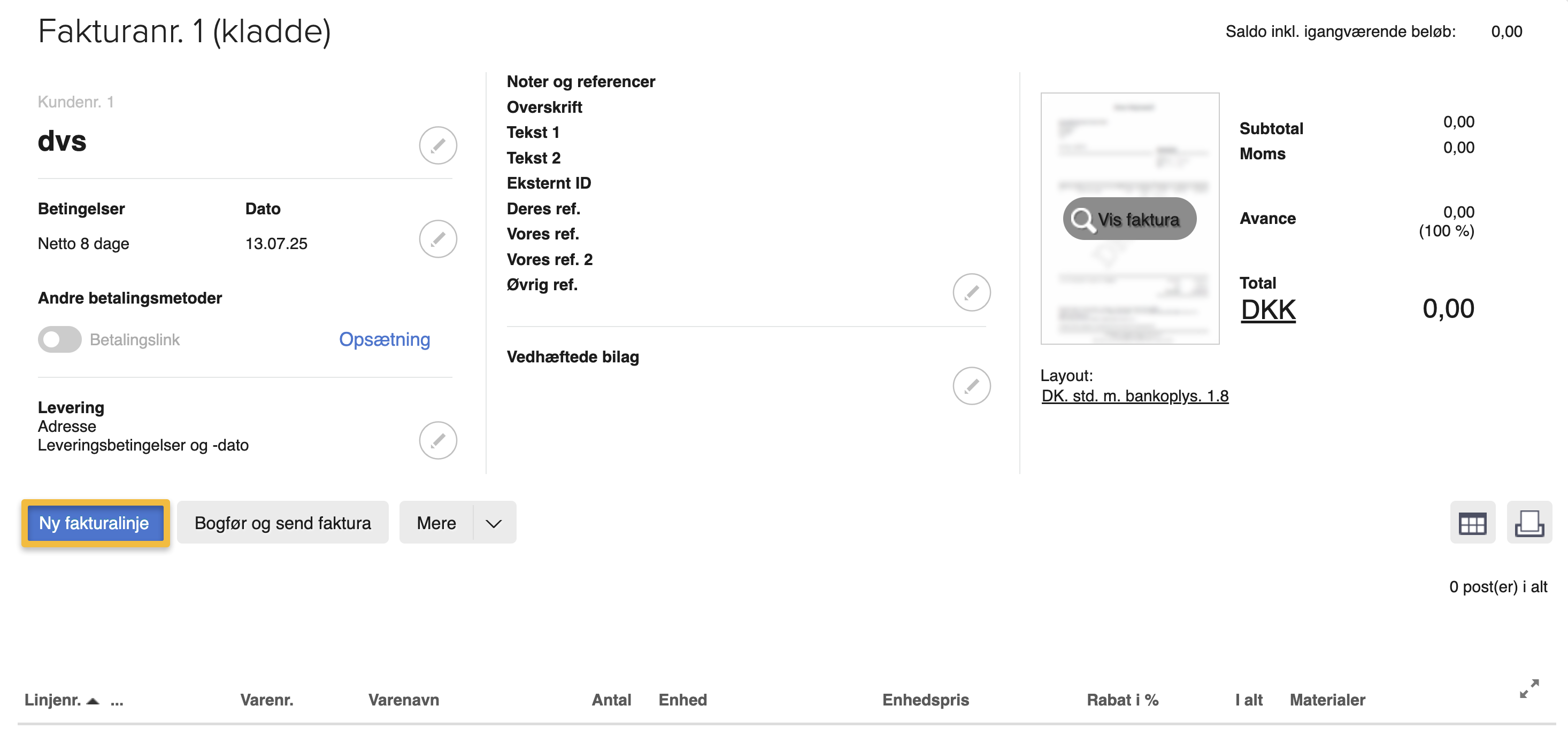 Viser knappen 'Ny fakturalinje' i fakturakladen – bruges til at oprette en ny varelinje, så der kan tilføjes dimensioner.