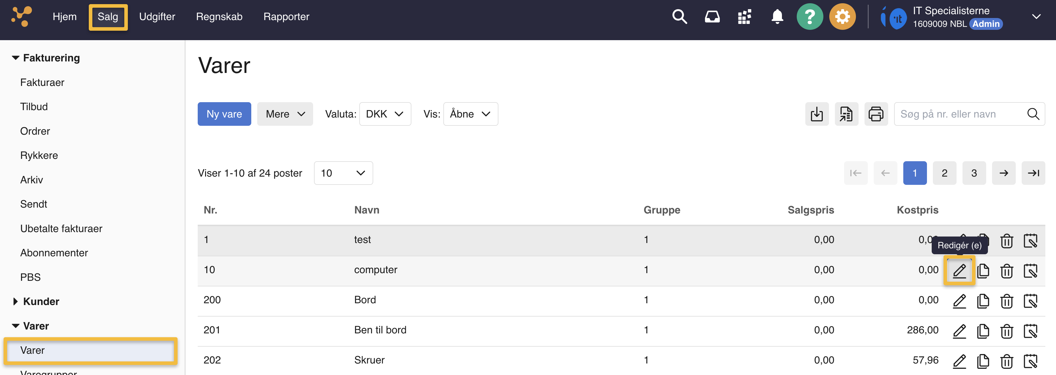 Viser redigér-ikonet for en vare i varekartoteket – bruges til at tilføje en dimension til den valgte vare.