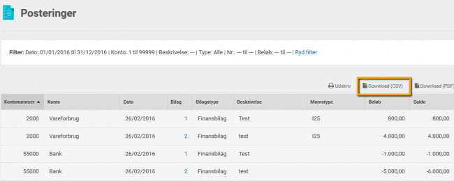 Viser Download (CSV)-knappen i Posteringer i Dinero – bruges til at eksportere posteringer som en CSV-fil.
