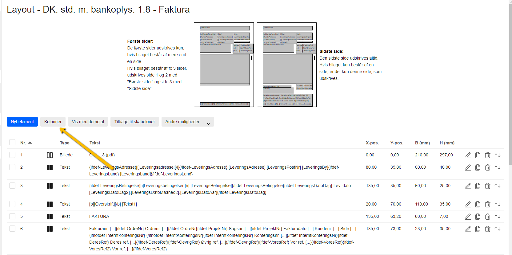 Viser knappen "Kolonner" i skabelon-layoutet – bruges til at til- og fravælge kolonner på en fakturaskabelon.