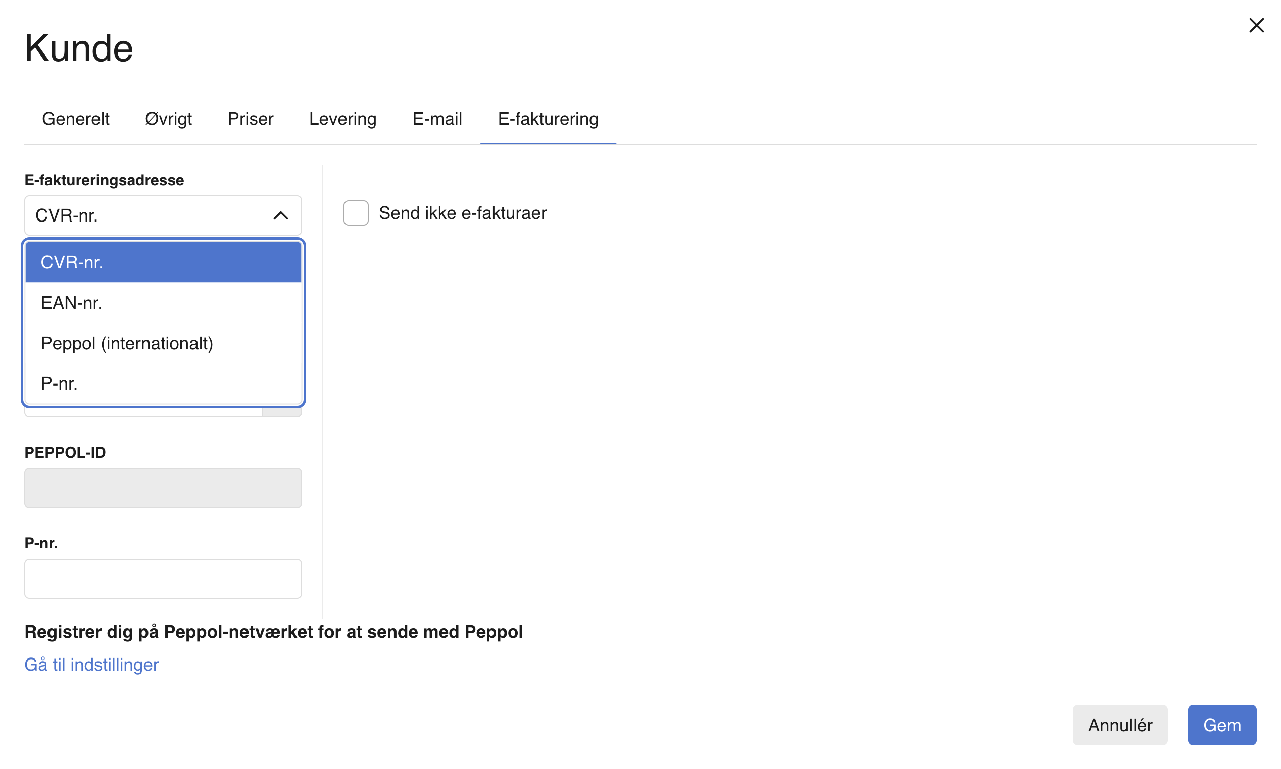 Viser valg af e-faktureringstype i kundekortets faneblad 'E-fakturering' – bruges til at angive kundens NemHandel-type til modtagelse af e-fakturaer.
