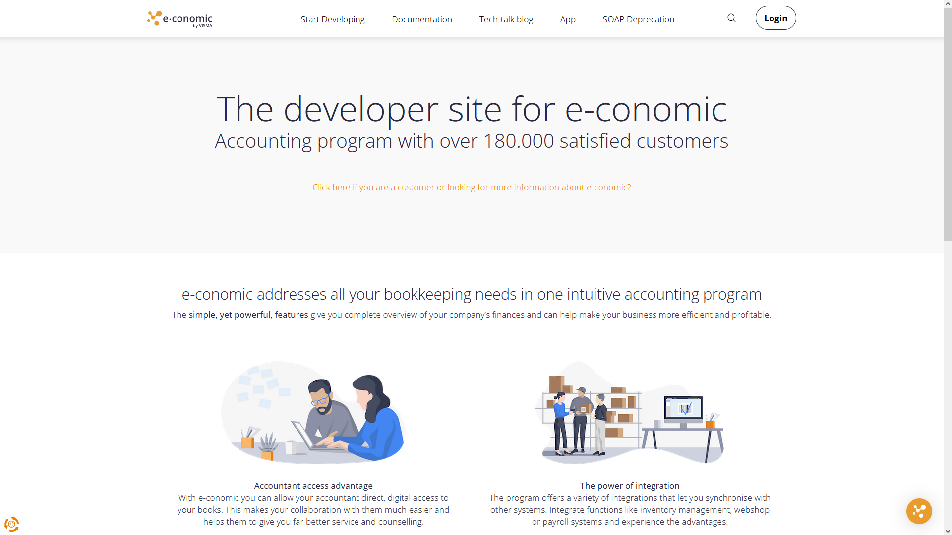 Viser forsiden på e-conomics udviklersite – bruges til at finde dokumentation og vejledning til at skabe integrationer.