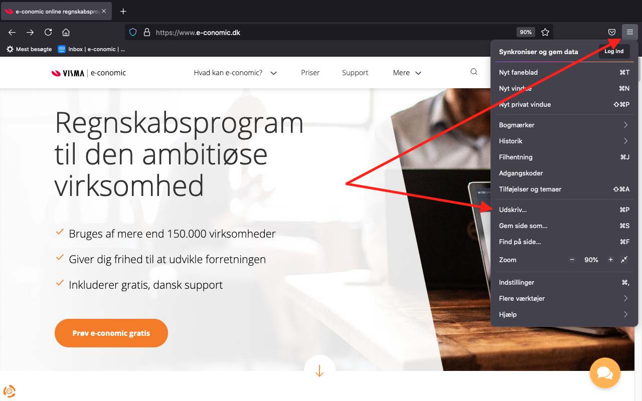 Viser menupunktet "Udskriv..." i browserens menu – bruges til at tilgå printerindstillinger.