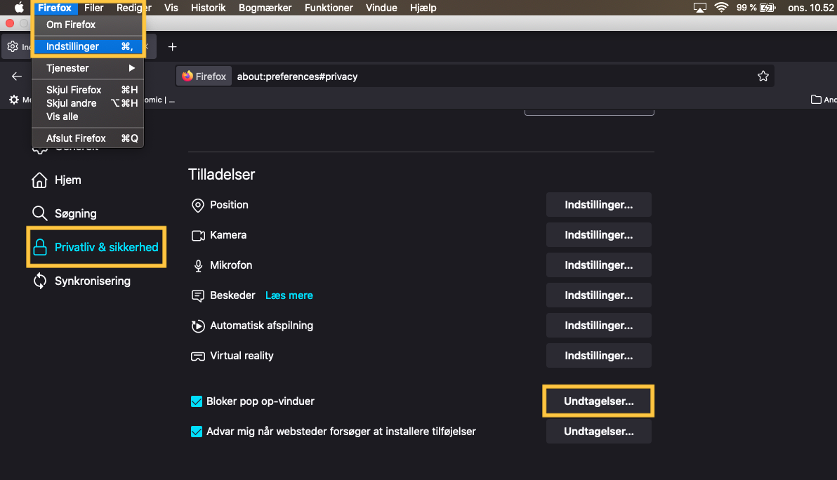 Viser indstillingerne for pop op-vinduer i Mozilla Firefox – bruges til at tilføje e-conomic som en undtagelse.