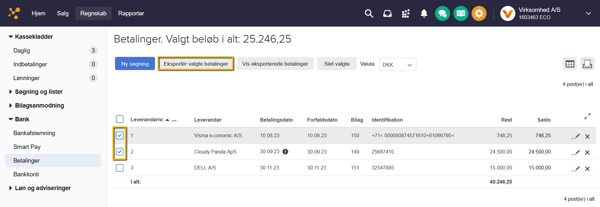Viser knappen 'Eksportér valgte betalinger' i oversigten 'Betalinger' – bruges til at eksportere de markerede betalinger til en bankfil.