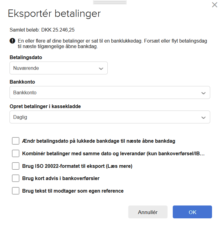 Viser pop-op-vinduet 'Eksportér betalinger' i Betalinger – bruges til at definere indstillingerne for eksportfilen til banken.