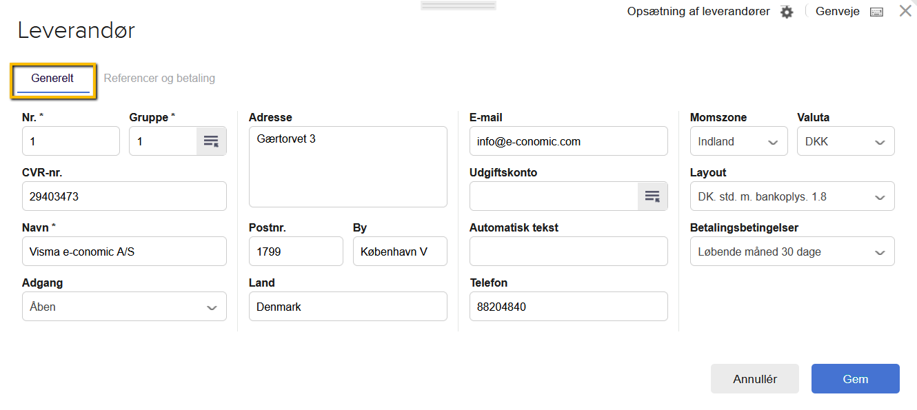 Viser fanen Generelt i leverandøropsætningen – bruges til at indtaste en leverandørs grundlæggende oplysninger som navn og adresse.
