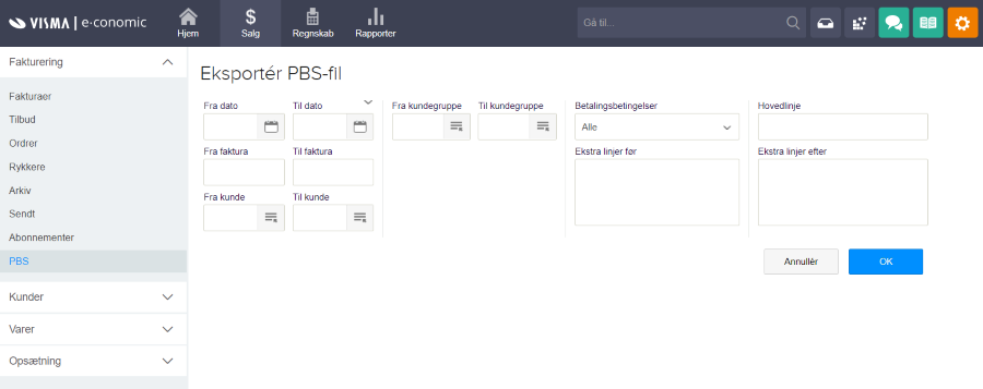 Viser afgrænsningsfelterne til PBS-eksport i Salg-modulet – bruges til at danne en PBS-fil med specifikke fakturaer.