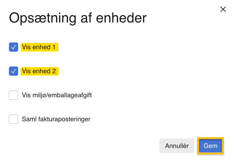 Viser indstillinger for enhedsvisning i dialogen 'Opsætning af enheder' – bruges til at styre, hvordan enheder og afgifter vises ved bogføring.