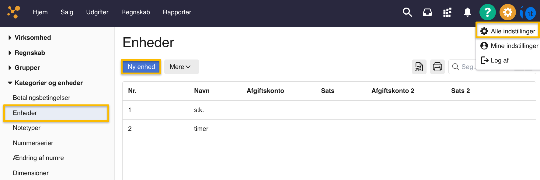 Viser enhedsoversigten i Kategorier og enheder – bruges til at oprette og administrere enheder og tilhørende afgifter.