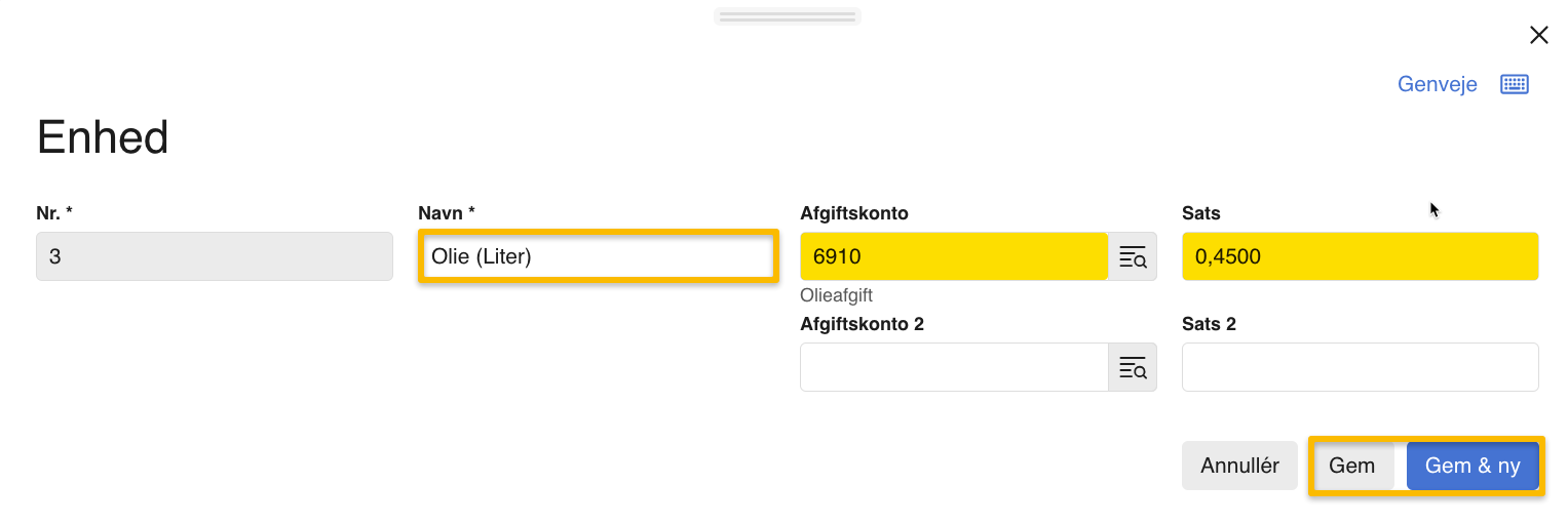 Viser oprettelse af en ny enhed med afgift i indstillinger for enheder – bruges til at tilknytte en fast afgiftssats, der automatisk bogføres ved brug på bilag.
