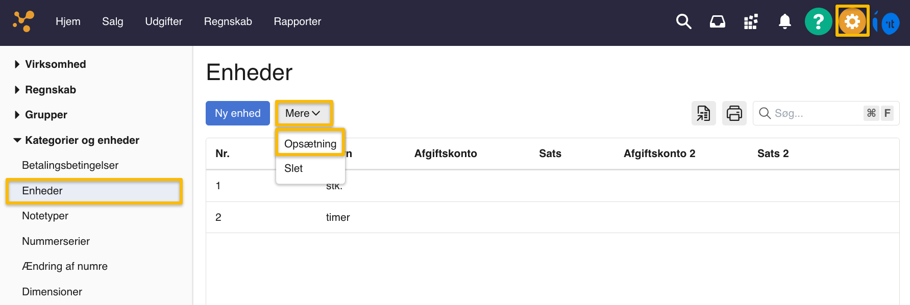 Viser menuen 'Opsætning' via knappen 'Mere' i Enheder – bruges til at vælge hvilke enheder, der skal vises.
