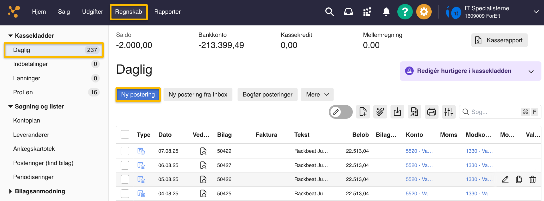 Viser 'Ny postering'-knappen i kassekladden – bruges til at oprette en ny postering med enheder.
