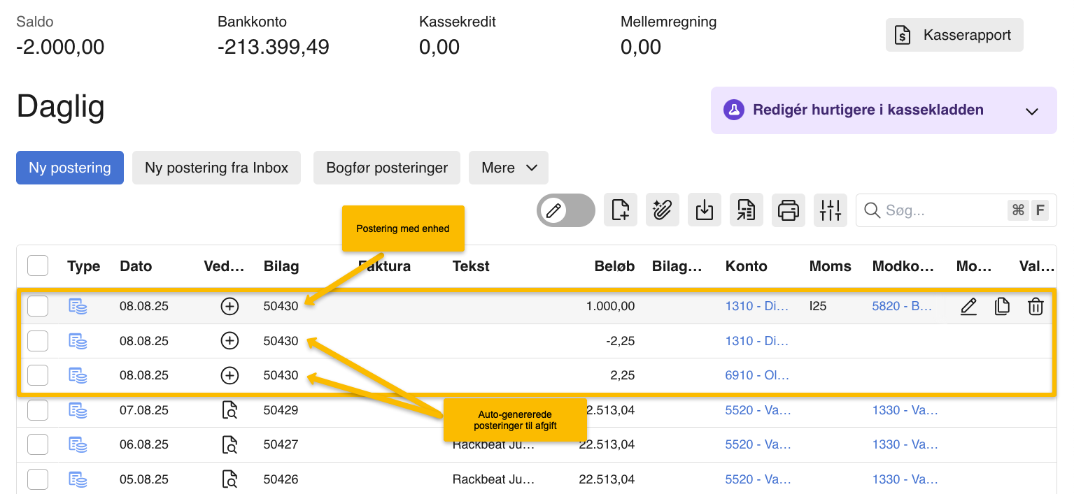 Viser en postering med enhed og tilhørende afgift i kassekladden – bruges til at se, hvordan systemet automatisk opretter separate linjer til afgiften.