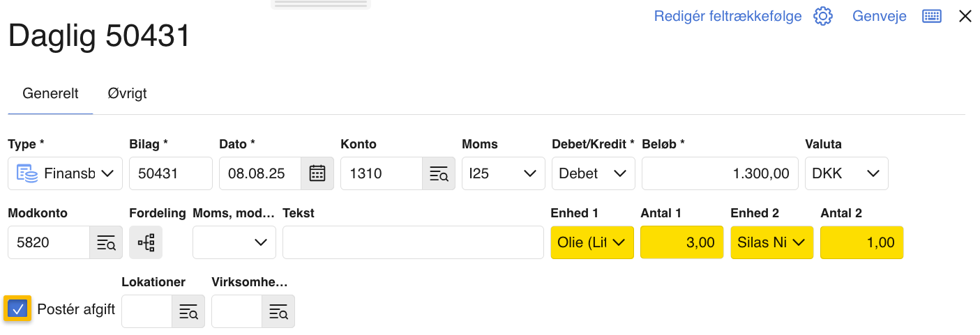 Viser felterne for enheder, antal og afgift på en postering i kassekladden – bruges til at bogføre en postering med specifikke enheder og en tilhørende afgift.
