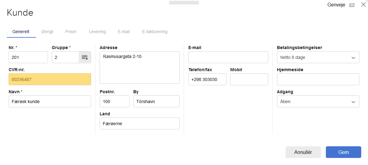 Viser CVR-nummer-feltet med to foranstillede nuller i kundekartoteket – bruges til at klargøre en færøsk kunde til e-fakturering.