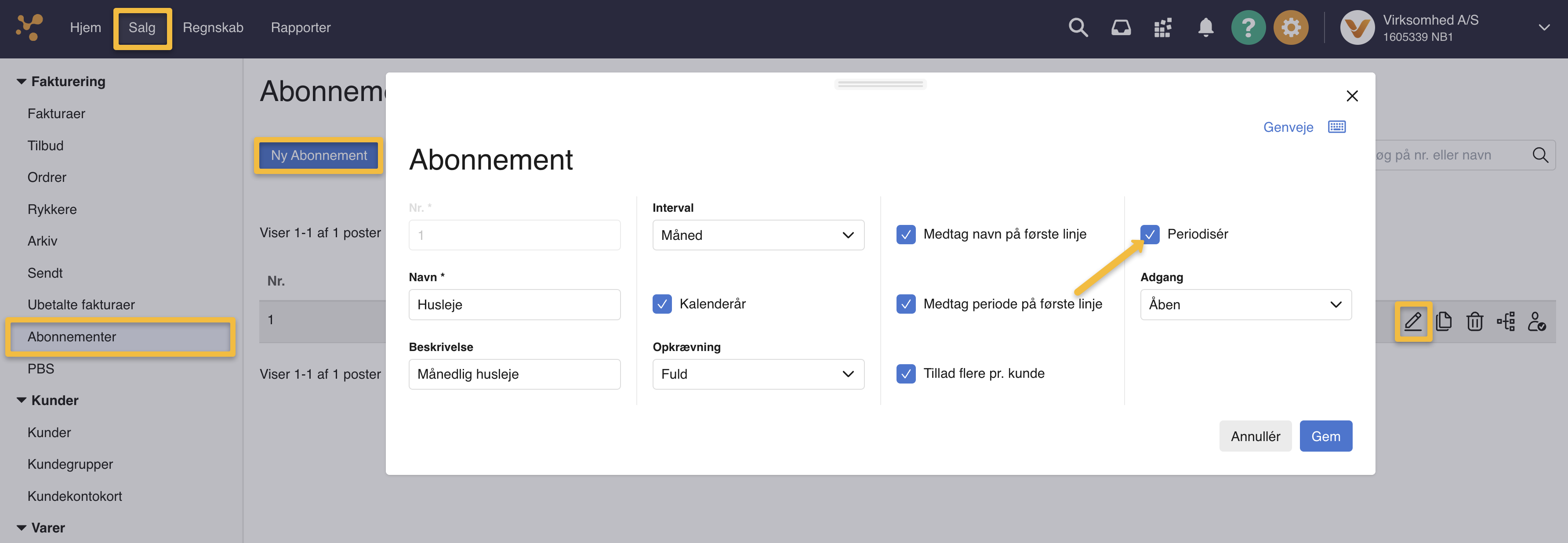 Viser fluebenet "Periodisér" i abonnementsopsætningen – bruges til at aktivere periodisering for abonnementsfakturaen.