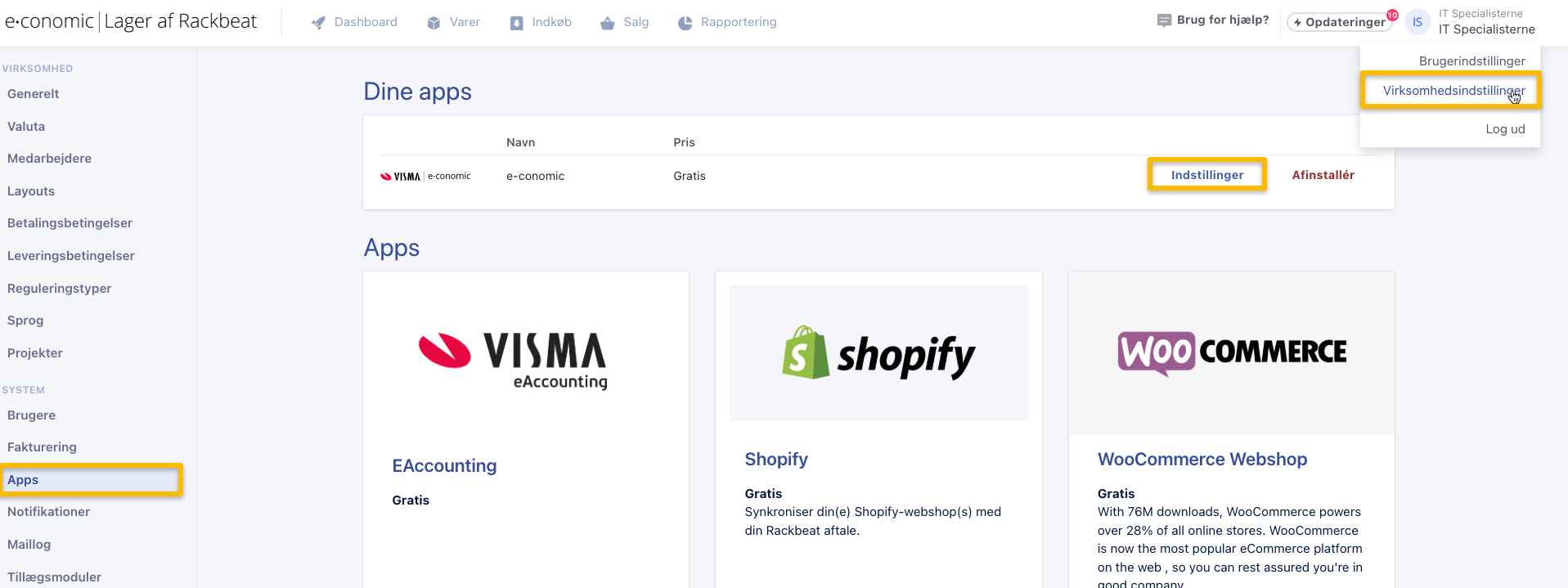 Viser navigationen til e-conomic appens indstillinger i Rackbeat – bruges til at finde funktionen til manuel overførsel af en faktura.