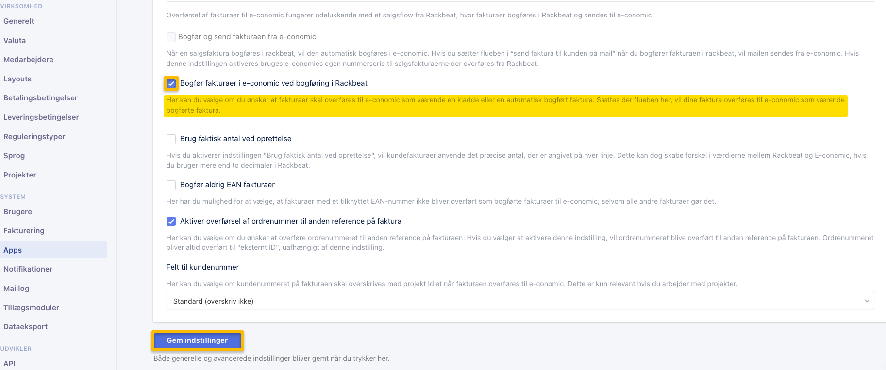 Viser navigationen til indstillinger for e-conomic-appen i virksomhedsindstillingerne – bruges til at kontrollere opsætningen for fakturaoverførsel.