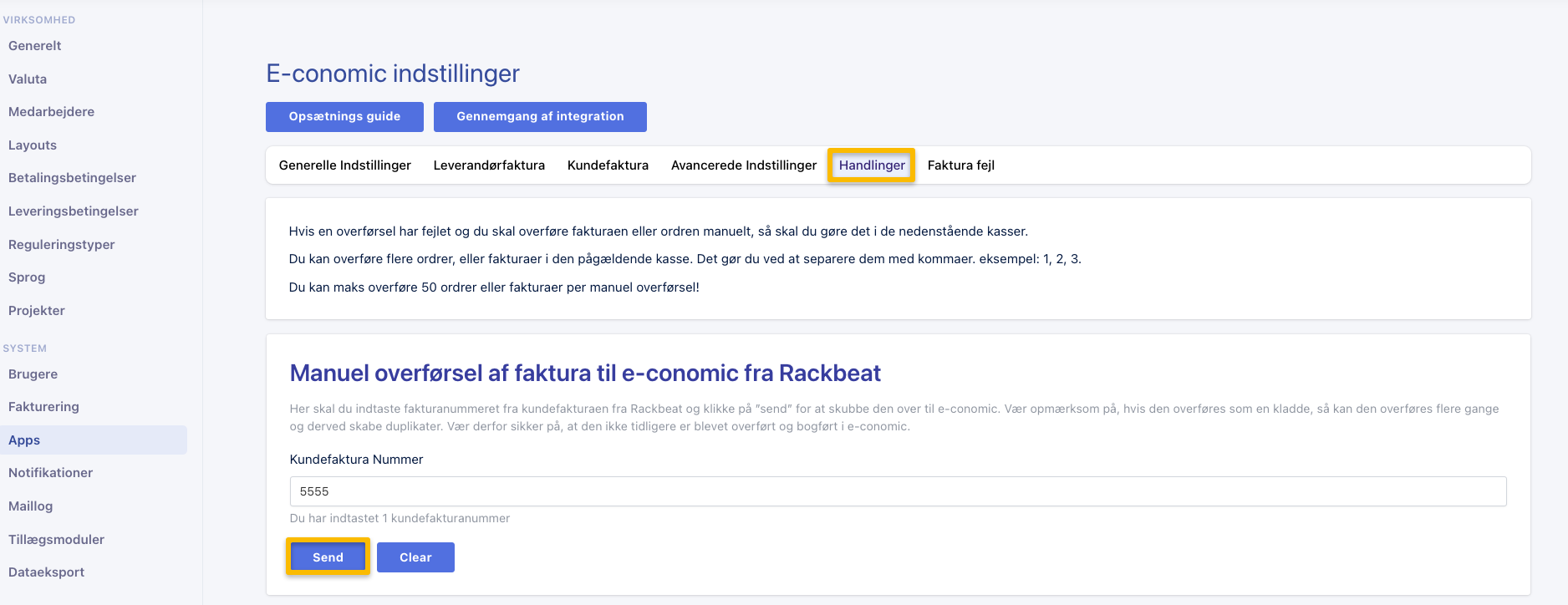 Viser manuel overførsel af faktura i e-conomic-indstillingerne i Rackbeat – bruges til at overføre en enkelt faktura, som er fejlet, til e-conomic.