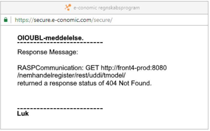 Viser en OIOUBL-fejlmeddelelse i e-conomic – bruges til at genkende en fejl, der skyldes en serverfejl hos modtageren.
